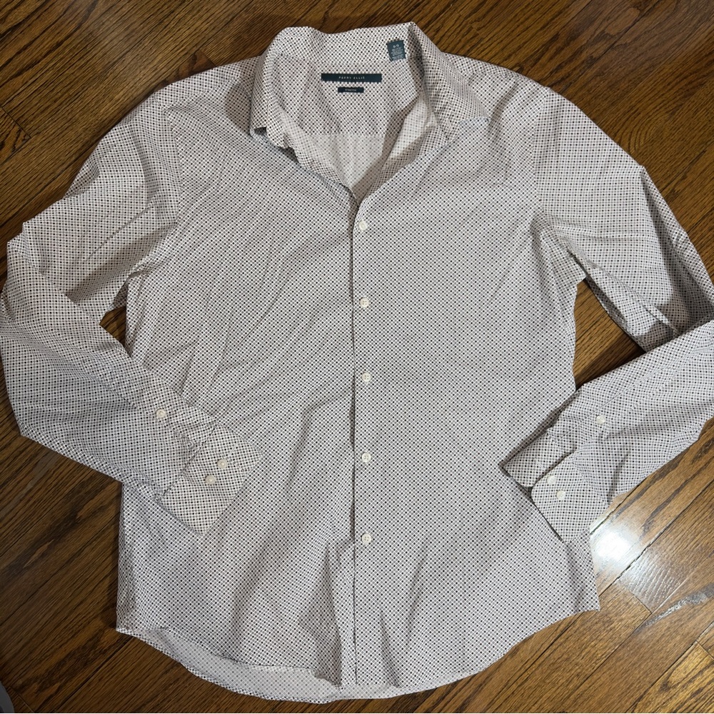 Perry Ellis Mens White Stretch Long Sleeve Button Shirt Red Bubbles Circles Sz L